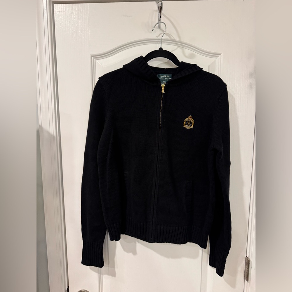 Ralph Lauren Black Zip-Up Hooded Cardigan with Gold Crest